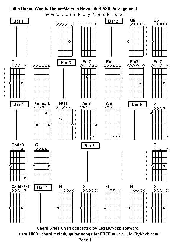 Chord Grids Chart of chord melody fingerstyle guitar song-Little Boxes Weeds Theme-Malvina Reynolds-BASIC Arrangement,generated by LickByNeck software.
